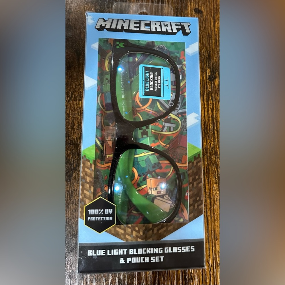 Minecraft Blue Light Blocking Glasses and Pouch Set NWT 3+ years